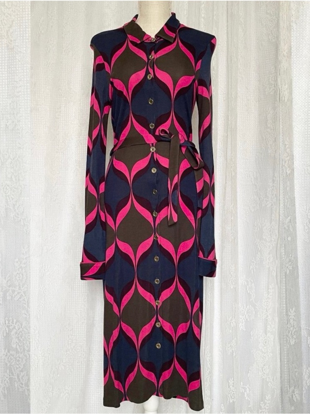 Boden Women's Carnaby Dress Tall 6L Retro Button Front Midi Maxi Belted Mod